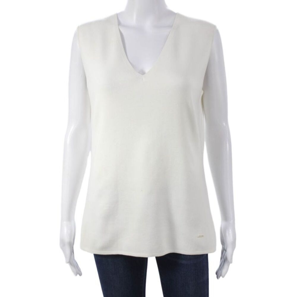 Akris Women White Cotton V-Neck Sleeveless Basic Tank Size 12